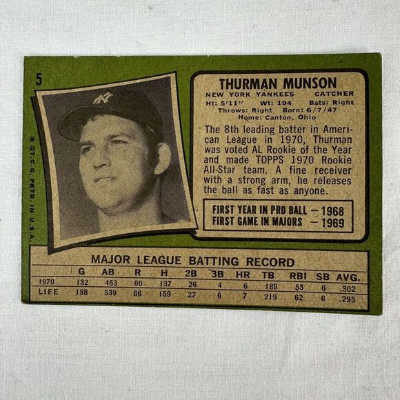 Thurman Munson 1971 Topps All Star Rookie  #5 NY Yankees Baseball Card Vintage - Picture 4 of 4